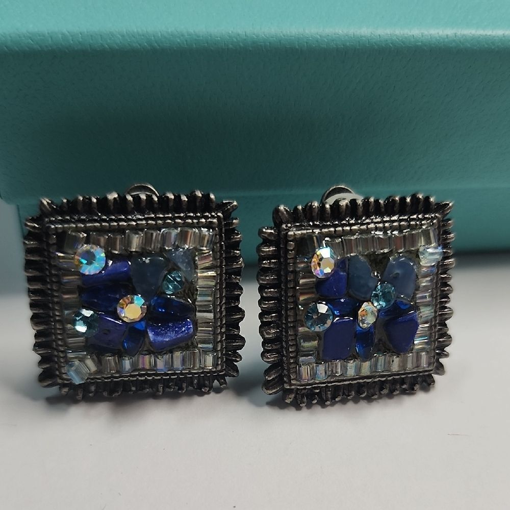 Elegant Blue and Silver Square Clip On Earrings